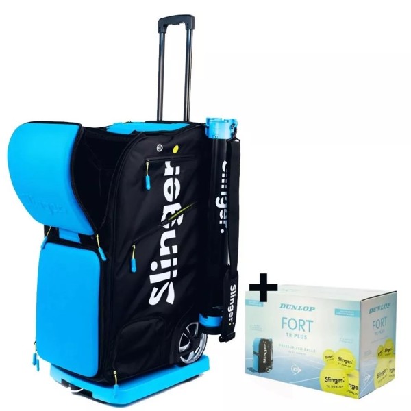 Slinger Bag ball launcher machine. Box of 72 Dunlop Fort TR Plus balls. | IPONTENNIS